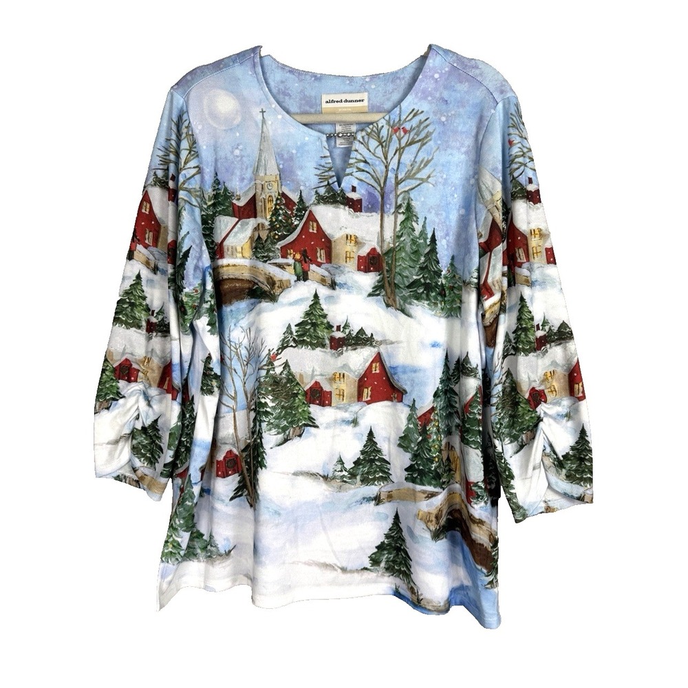 Alfred Dunner Womens 1X Top Blouse Winter Motif Novelty Snow Cottagecore Holiday